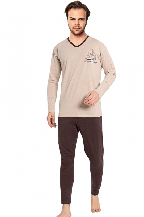 Pijama bumbac barbat, cu maneci si pantaloni lungi, imprimeu royal, maro [5]