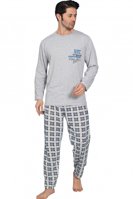 Pijama bumbac barbat, cu maneci si pantaloni lungi, imprimeu nyc, gri [4]