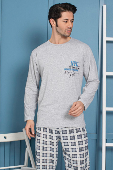 Pijama bumbac barbat, cu maneci si pantaloni lungi, imprimeu nyc, gri [3]