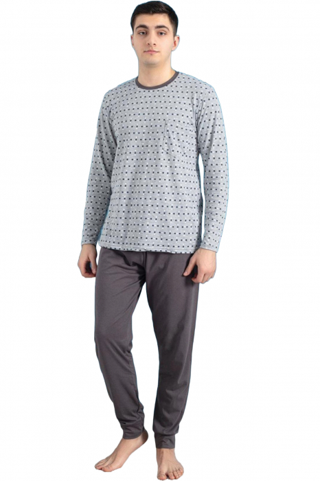 Pijama bumbac barbat, cu maneci si pantaloni lungi, imprimeu modern, gri, embody.ro [3]