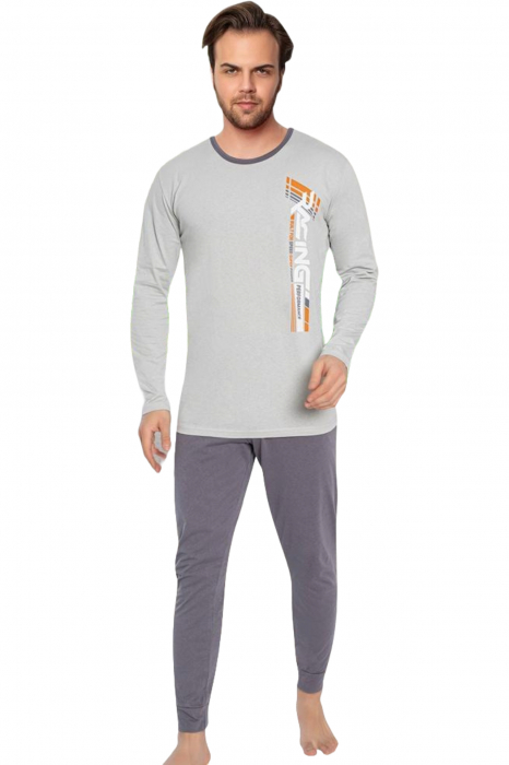 Pijama bumbac barbat, cu maneci si pantaloni lungi, imprimeu racing, gri, embody [4]