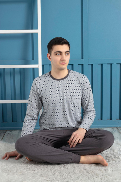 Pijama bumbac barbat, cu maneci si pantaloni lungi, imprimeu modern, gri, embody.ro [2]