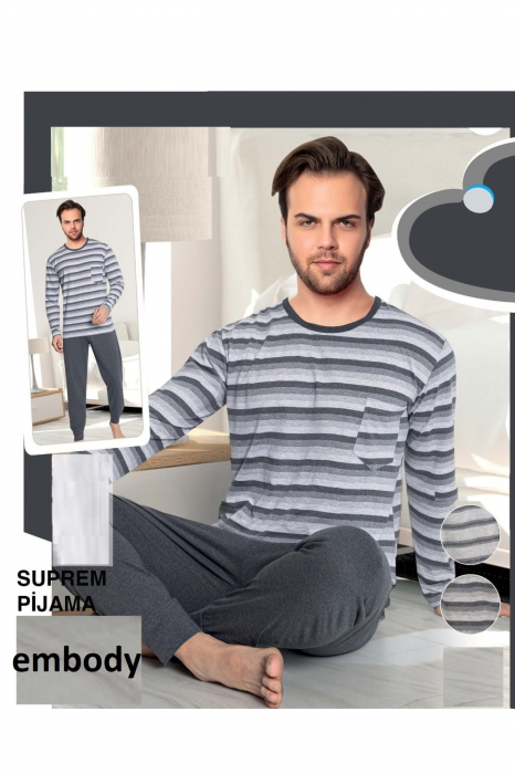 Pijama bumbac barbat, cu maneci si pantaloni lungi, imprimeu cu dungi, gri [4]