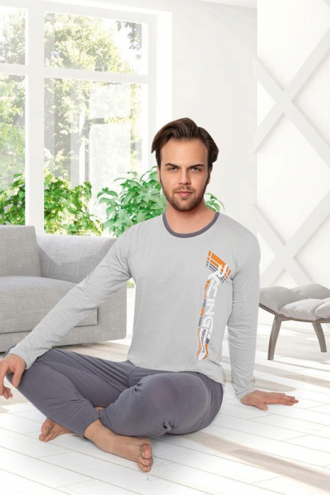 Pijama bumbac barbat, cu maneci si pantaloni lungi, imprimeu racing, gri, embody [2]