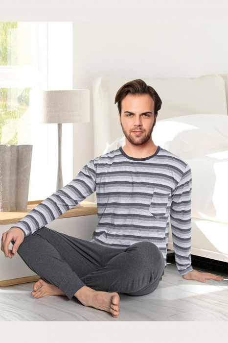 Pijama bumbac barbat, cu maneci si pantaloni lungi, imprimeu cu dungi, gri [2]
