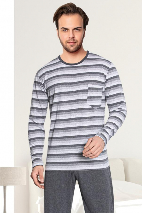 Pijama bumbac barbat, cu maneci si pantaloni lungi, imprimeu cu dungi, gri [3]