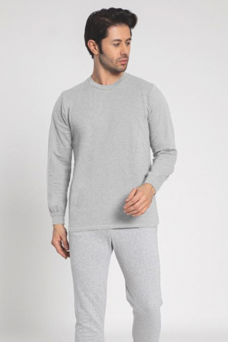 Pijama bumbac vatuit barbat, cu maneci si pantaloni lungi, imprimeu uni, gri [3]