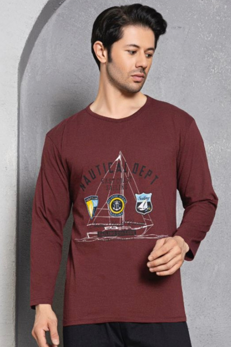 Pijama bumbac barbat, cu maneci si pantaloni lungi, imprimeu nautical dept, visiniu, embody.ro [3]