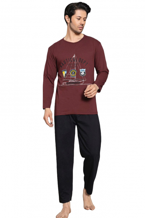 Pijama bumbac barbat, cu maneci si pantaloni lungi, imprimeu nautical dept, visiniu, embody.ro [4]