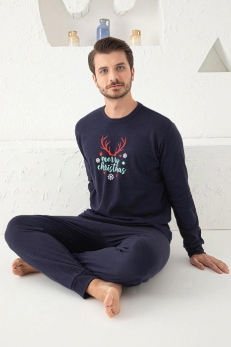 Pijama bumbac barbat, cu maneci si pantaloni lungi, imprimeu Craciun, bleumarin, embody.ro [2]