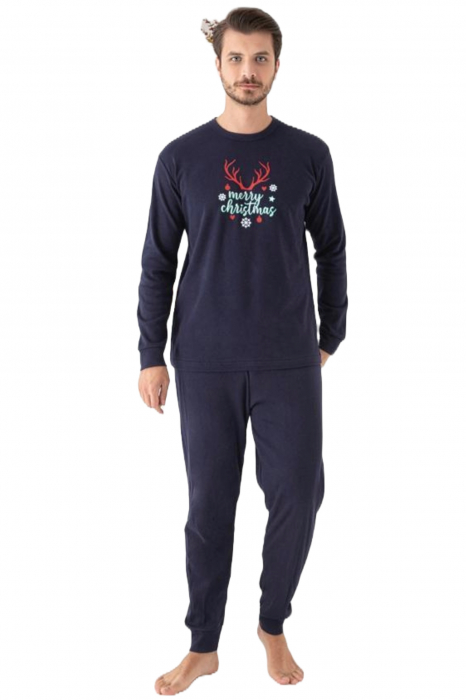 Pijama bumbac barbat, cu maneci si pantaloni lungi, imprimeu Craciun, bleumarin, embody.ro [3]