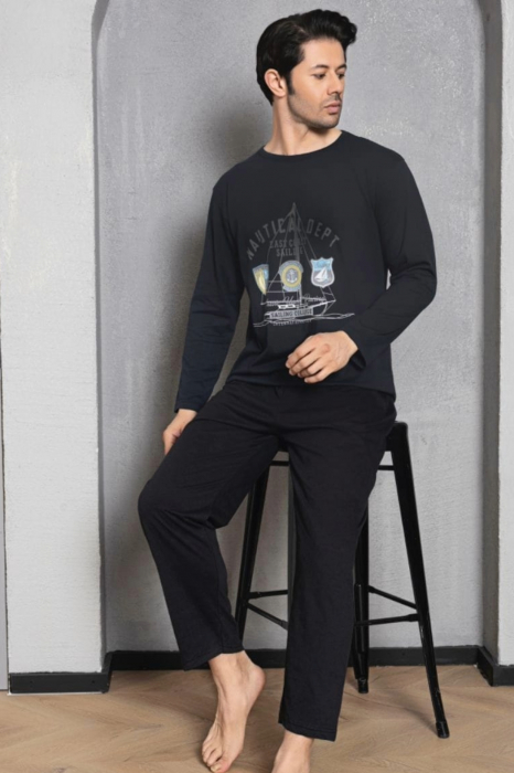 Pijama bumbac barbat, cu maneci si pantaloni lungi, imprimeu nautical dept, negru, embody.ro [2]