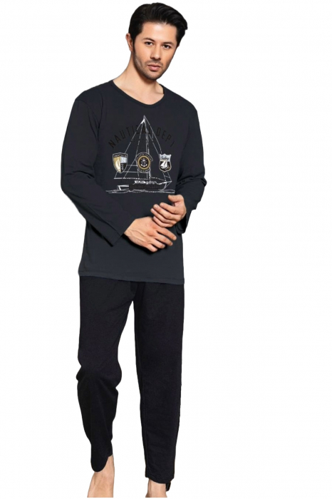 Pijama bumbac barbat, cu maneci si pantaloni lungi, imprimeu nautical dept, negru, embody.ro [3]