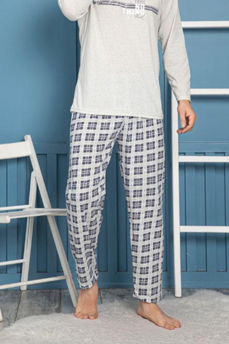 Pijama bumbac barbat, cu maneci si pantaloni lungi, imprimeu nothink, gri deschis [2]