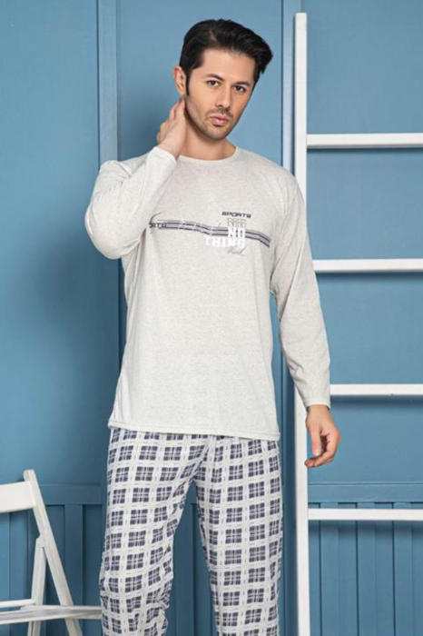 Pijama bumbac barbat, cu maneci si pantaloni lungi, imprimeu nothink, gri deschis [3]