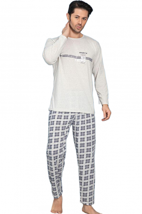 Pijama bumbac barbat, cu maneci si pantaloni lungi, imprimeu nothink, gri deschis [4]