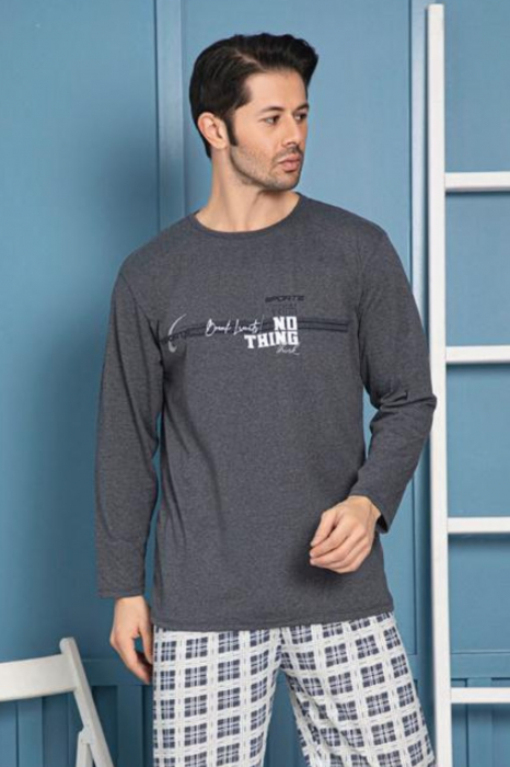 Pijama bumbac barbat, cu maneci si pantaloni lungi, imprimeu nothink, gri inchis [3]