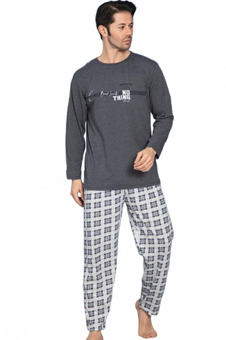 Pijama bumbac barbat, cu maneci si pantaloni lungi, imprimeu nothink, gri inchis [4]