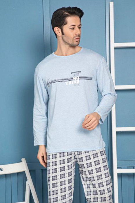 Pijama bumbac barbat, cu maneci si pantaloni lungi, imprimeu nothink, albastru [3]