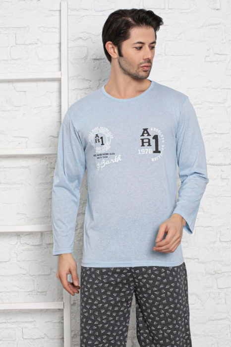 Pijama bumbac barbat, cu maneci si pantaloni lungi, imprimeu ar1, albastru [3]