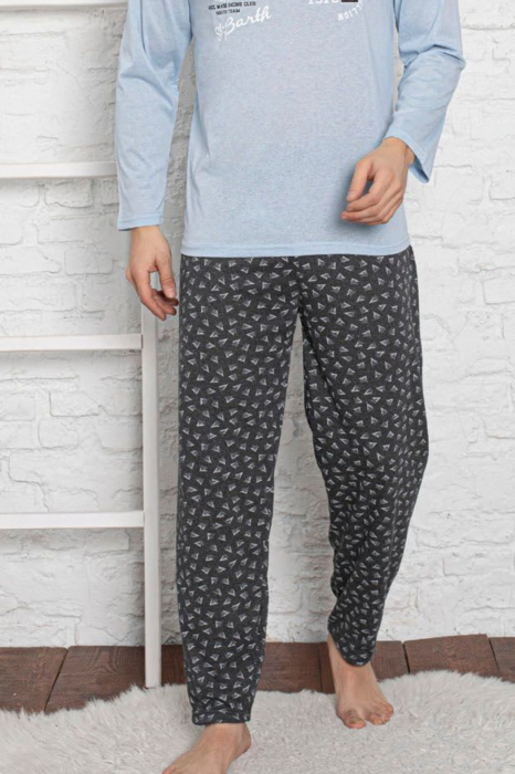 Pijama bumbac barbat, cu maneci si pantaloni lungi, imprimeu ar1, albastru [2]