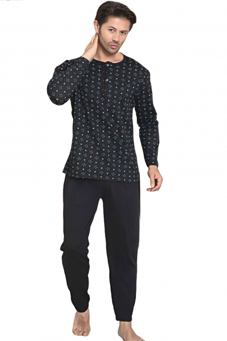 Pijama bumbac barbat, cu maneci si pantaloni lungi, imprimeu uni, negru, embody.ro [4]