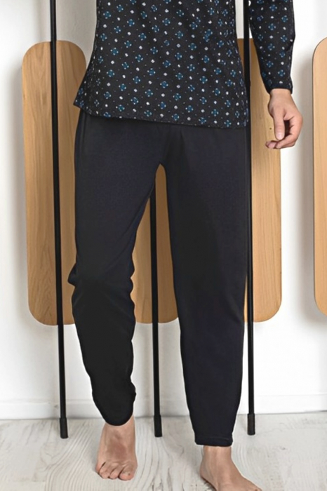Pijama bumbac barbat, cu maneci si pantaloni lungi, imprimeu uni, negru, embody.ro [2]