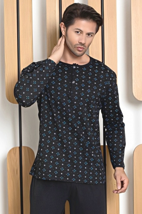 Pijama bumbac barbat, cu maneci si pantaloni lungi, imprimeu uni, negru, embody.ro [3]