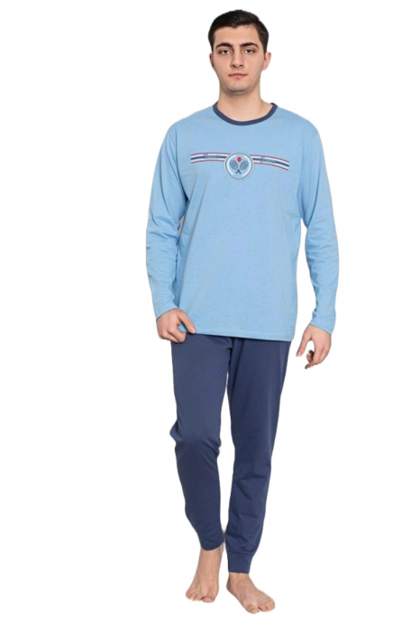 Pijama bumbac barbat, cu maneci si pantaloni lungi, imprimeu tenis, albastru, embody [3]