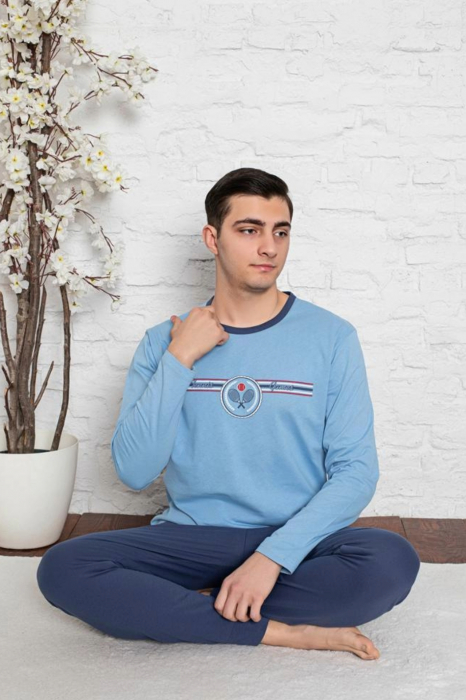 Pijama bumbac barbat, cu maneci si pantaloni lungi, imprimeu tenis, albastru, embody [2]