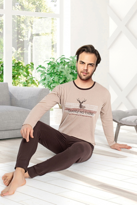 Pijama bumbac barbat, cu maneci si pantaloni lungi, imprimeu change no thing, maro, embody.ro [2]