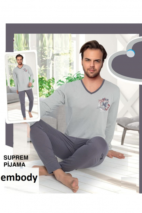 Pijama bumbac barbat, cu maneci si pantaloni lungi, imprimeu mrn, gri [4]