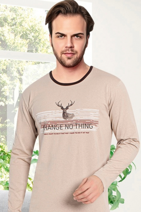 Pijama bumbac barbat, cu maneci si pantaloni lungi, imprimeu change no thing, maro, embody.ro [3]