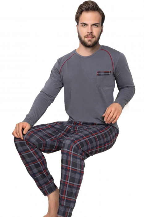Pijama bumbac superior barbat, cu maneci si pantaloni lungi, gri, embody [4]