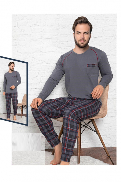 Pijama bumbac superior barbat, cu maneci si pantaloni lungi, gri, embody [2]