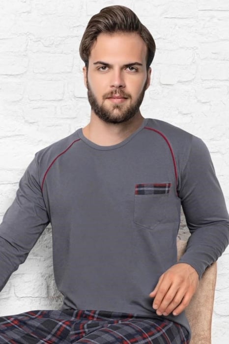 Pijama bumbac superior barbat, cu maneci si pantaloni lungi, gri, embody [3]