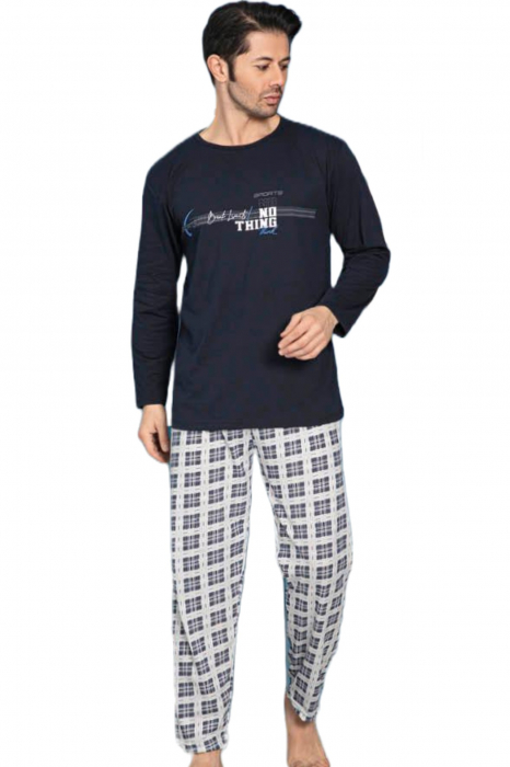 Pijama bumbac barbat, cu maneci si pantaloni lungi, imprimeu nothink, negru [4]