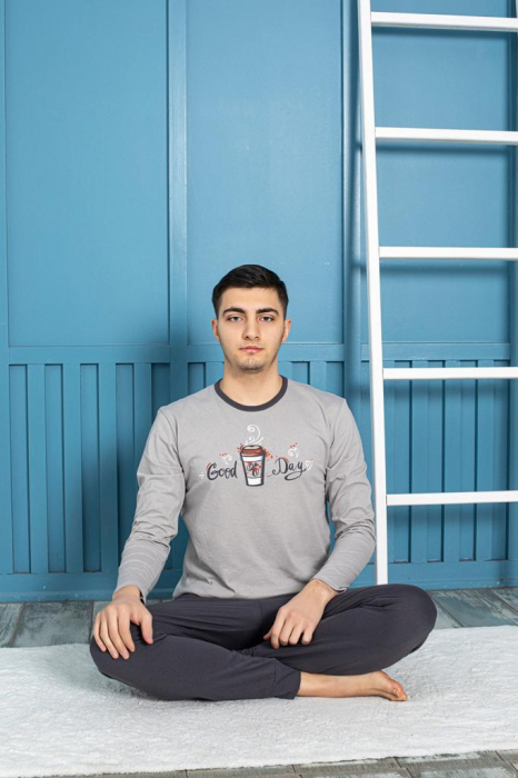 Pijama bumbac barbat, cu maneci si pantaloni lungi, imprimeu uni, gri, embody.ro [2]