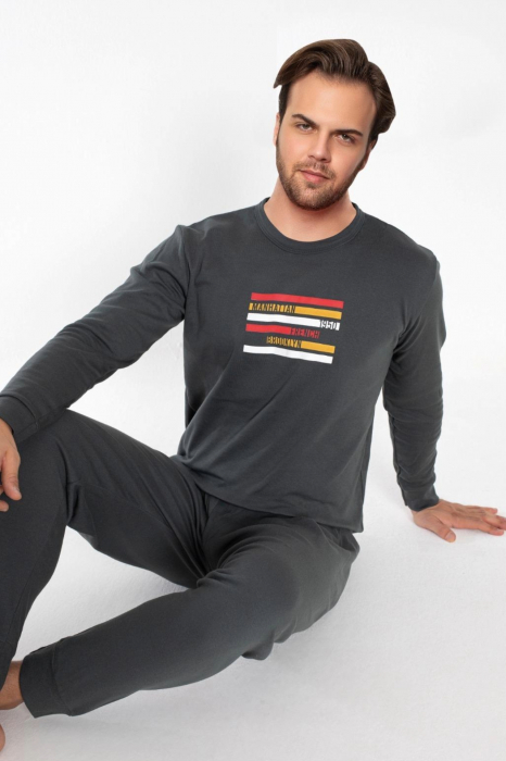 Pijama bumbac barbat, cu maneci si pantaloni lungi, imprimeu manhattan, gri inchis, embody.ro [2]