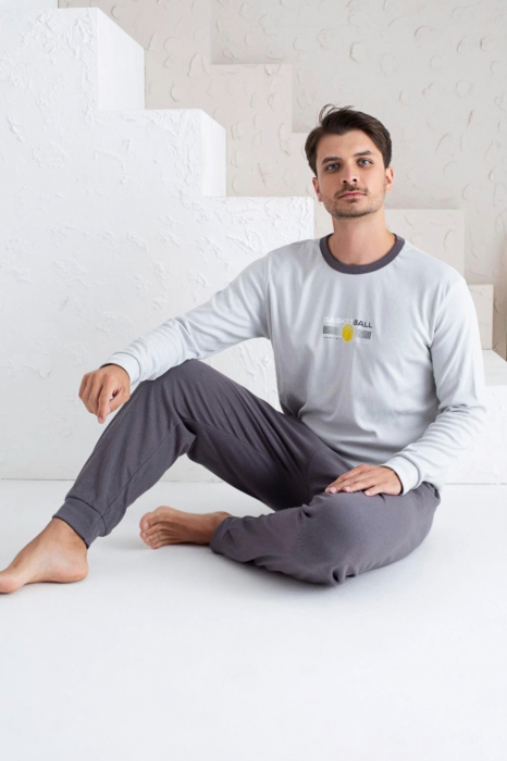 Pijama bumbac barbat, cu maneci si pantaloni lungi, imprimeu basketball, gri, embody.ro [2]