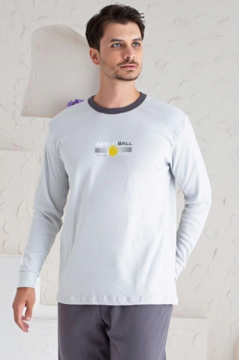 Pijama bumbac barbat, cu maneci si pantaloni lungi, imprimeu basketball, gri, embody.ro [3]