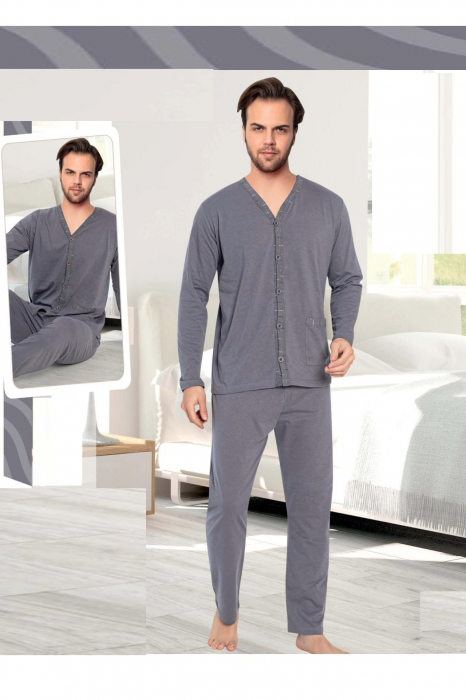 Pijama bumbac barbat, cu maneci si pantaloni lungi, inchidere nasturi, gri, embody.ro [2]