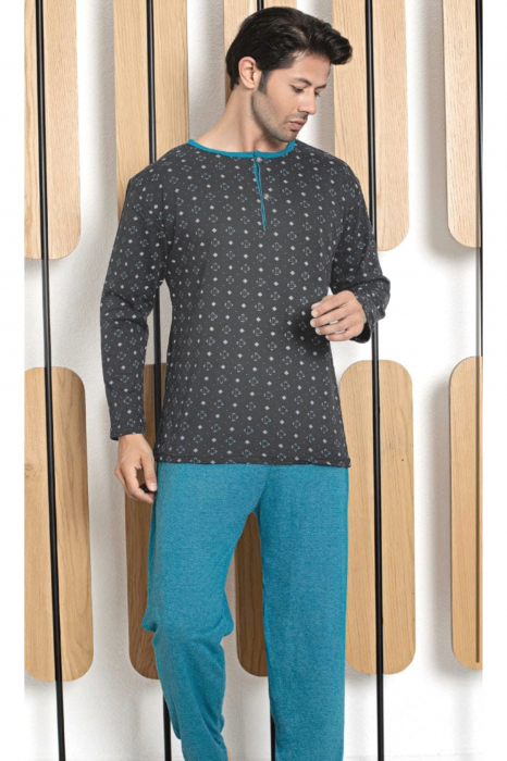 Pijama bumbac barbat, cu maneci si pantaloni lungi, imprimeu uni, albastru, embody.ro [2]