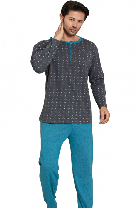 Pijama bumbac barbat, cu maneci si pantaloni lungi, imprimeu uni, albastru, embody.ro [5]