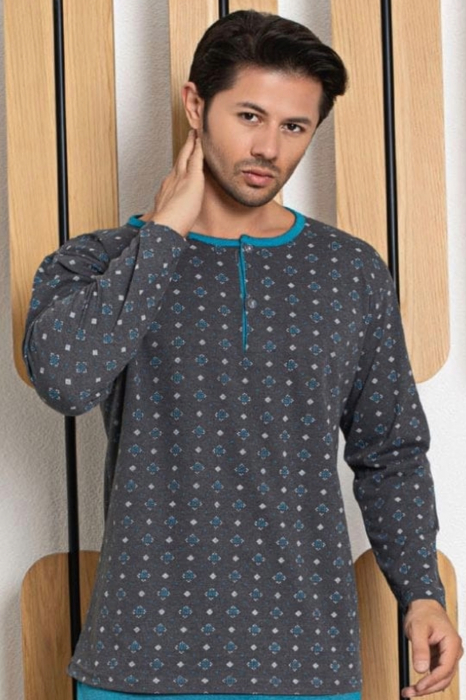 Pijama bumbac barbat, cu maneci si pantaloni lungi, imprimeu uni, albastru, embody.ro [3]