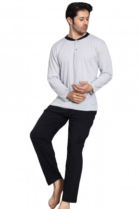 Pijama bumbac barbat, cu maneci si pantaloni lungi, imprimeu uni, gri/negru, embody.ro [4]