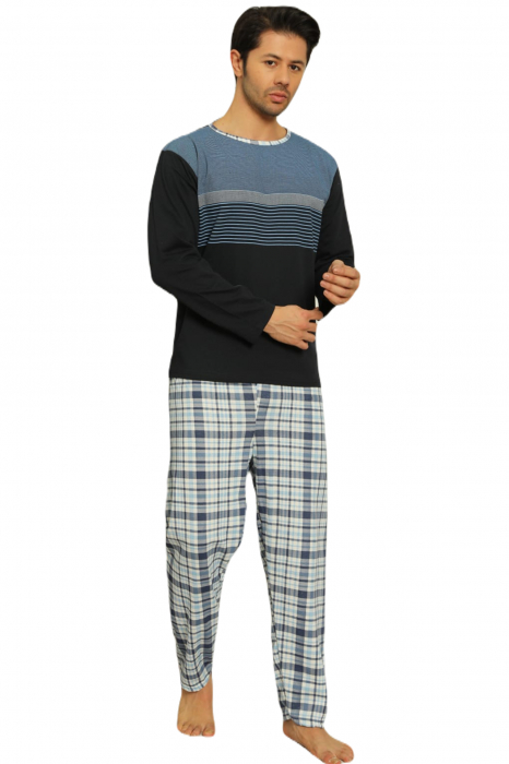 Pijama bumbac barbat, cu maneci si pantaloni lungi, imprimeu carouri bluemarin [4]