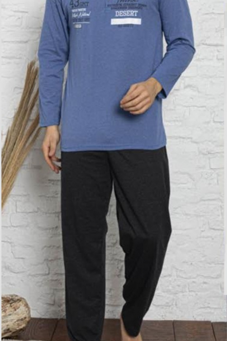 Pijama bumbac barbat, cu maneci si pantaloni lungi, albastru/negru [2]