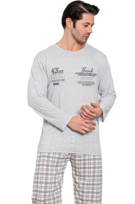 Pijama bumbac barbat, cu maneci si pantaloni lungi, imprimeu think, gri [3]