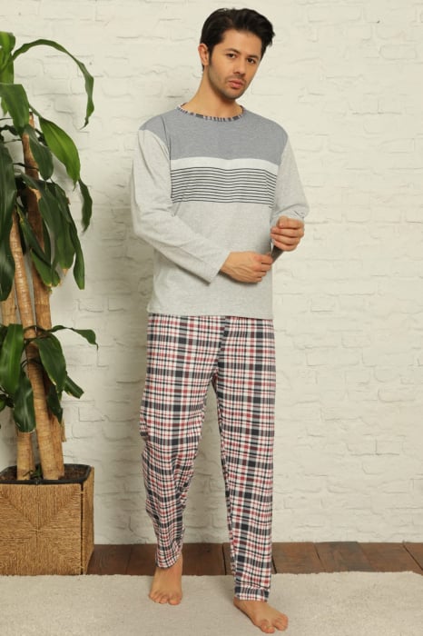 Pijama bumbac barbat, cu maneci si pantaloni lungi, model carouri gri [1]